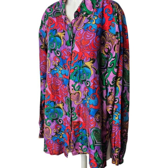 HER Womens 100% Silk, Heart Printed Button Down Shirt, Blouse, Size Large - Picture 5 of 6